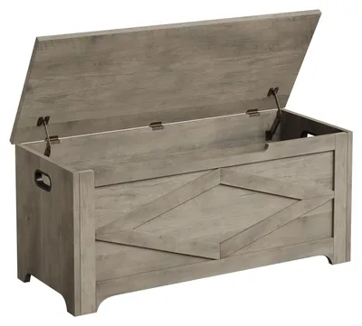 Image de Banc de rangement en bois - Banc avec coffre de 100 cm - Couvercle avec charnières de sécurité - Idéal pour l'entrée, la chambre, le salon - Gris clair
