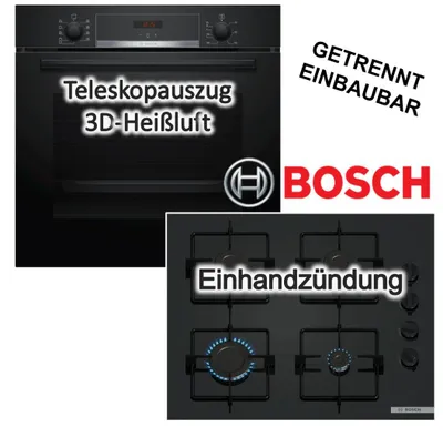 Produktbild von Herdset Bosch Backofen 3D Heißluft Hydrolyse Teleskopauszug Pizzafunktion+ Gaskochfeld 60cm Einhandzündung