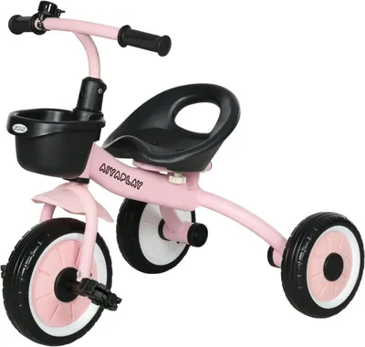 Produktbild von Dreirad für Kinder ab 2-5 Jahren mit Pedalantrieb, verstellbarer Sitz & Metallrahmen, Kinderdreirad mit Korb & mechanischer Klingel, Rosa