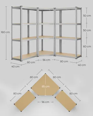 Obrázek produktu pro SONGMICS Rohová policová sestava 4 úrovně, kovové regály pro vysoké zatížení, úložné regály do garáže, skladu, sklepních regálů, nosnost až 1500 kg, stříbrná-přírodní béžová barva