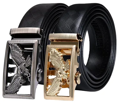 Immagine prodotto di Cintura da uomo in vera pelle, fibbia a scatto, automatico, cinturino in pelle da 35 mm, lunghezza 130 cm, motivo aquila, set da 2 pezzi, disponibile in argento/oro