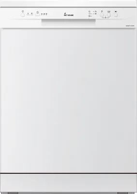 A front view of a white freestanding dishwasher.