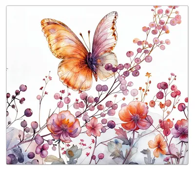 Produktbild von Spritzschutz Herdabdeckplatte Schneidebrett aus Glas Blumen und Schmetterlinge 1-Teilig (60x52cm)