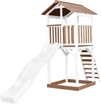 Produktbild von AXI Beach Tower Spielturm aus Holz in Braun & Weiß | Spielhaus für Kinder mit weißer Rutsche und Sandkasten | Stelzenhaus für den Garten