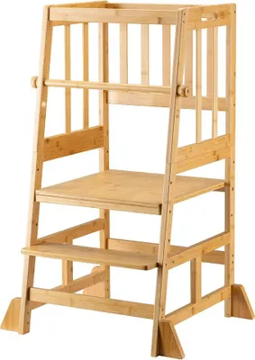Imagen del producto de Silla para niños, torre de aprendizaje de 57 x 46 x 90 cm, fabricada en bambú. Silla de aprendizaje para niños con barandilla, torre para estar de pie con barra de seguridad