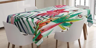 Obrázok produktu pre ABAKUHAUS Akvarelová kvetinová obrus, tropické divoké orchidey s potlačou palmových listov, exotický štýl prírody, 140 x 200 cm, viacfarebný