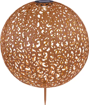 A close-up, studio shot of a decorative solar garden light.