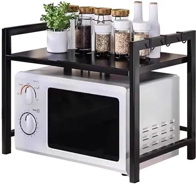 Produktbild von Unyqoos® Verstellbares, platzsparendes Mikrowellenregal 40–60 cm | Kohlenstoffstahl, belastbar bis 20 kg, vielseitig einsetzbar, 5 Haken