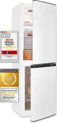 A white refrigerator with its door open, displaying food items inside. Two award badges are placed on the left side of the refrigerator.