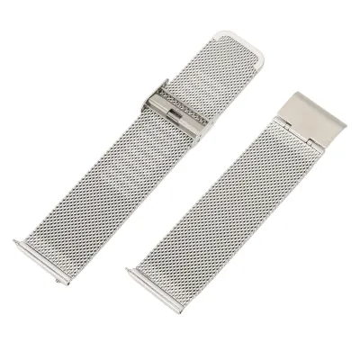 Two silver mesh watch straps are laid out on a white background.