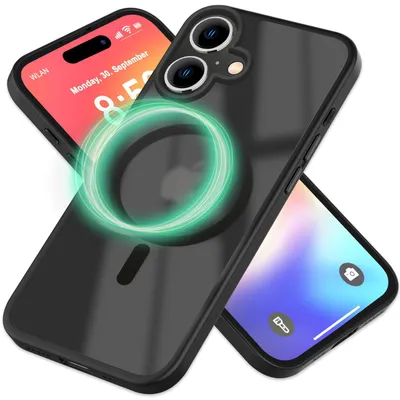 Immagine prodotto di Custodia magnetica NALIA per iPhone 16 – Trasparente opaca e MagSafe – MATTEX (antiscivolo, resistente agli urti, anti-impronta) – Marchio di Berlino – Nero