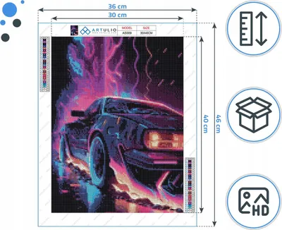 Produktbild von ARTULIO - Diamond Painting Set - Neon Sportwagen - 40 x 30 cm - AB Steine, AB Diamant - 5D Diamant Painting, Komplettset Mosaik + Zubehör