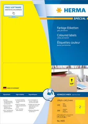 Obrázok produktu pre HERMA 4565, Žltá, Obdĺžnik, A4, Univerzálne, Matte, Laserový