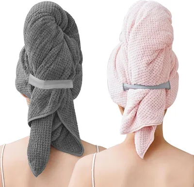 Produktbild von 2er-Pack große Mikrofaser-Haartücher, 103 x 60 cm, Haar-Turban mit Gummiband, schnell trocknend und besonders saugfähig, Haartuch zum Trocknen der Haare im Waffeldesign für langes Haar (Grau und Rosa)