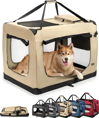 A dog is inside a beige fabric pet carrier. Below the carrier are smaller images of the carrier in different colors and folded.