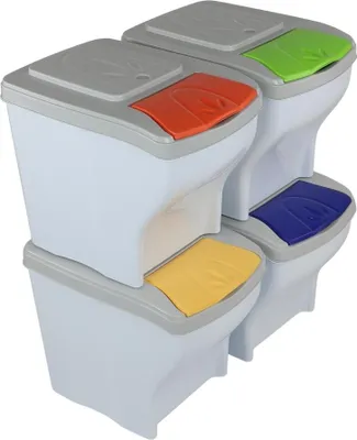 A stack of four white trash cans with colored lids for sorting waste.