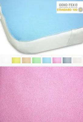 A close-up of a corner of a mattress protector with a swatch of available colors below and a textured pink fabric sample at the bottom.