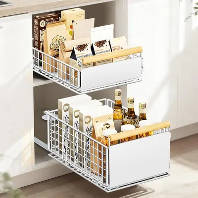 Image de Tiroir de cuisine, lot de 2, tiroir télescopique à extension complète, blanc, 39,5 x 23,5 x 19 cm, pour armoire de cuisine