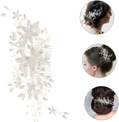Produktbild von Strass Haarkamm mit Blume, Silberner Braut Haarschmuck für Hochzeiten | Perlenblatt Design, Zinklegierung mit Rhinestone Dekor, für Braut und Frauen bei Ballfeiern