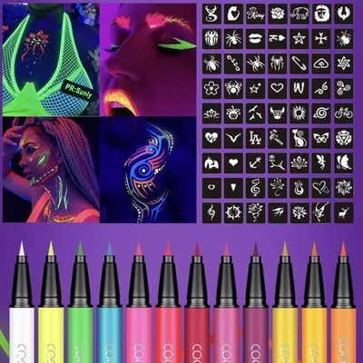 Obrázok produktu pre Sada na UV bodypainting, 12 farieb, neonová detská kozmetika, umývateľné tyčinky na líčenie, farby na tvár, farby na telo