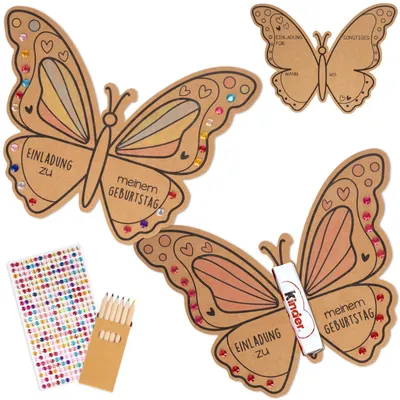 Produktbild von Einladungskarten Kindergeburtstag Bastelset Schmetterlinge 15 Stück Kraftpapier mit Buntstiften