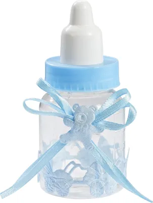 Produktbild von 3er Set Deko Babyflaschen hellblau ca. 4x9 cm mit Schleife für Taufe & Geburt