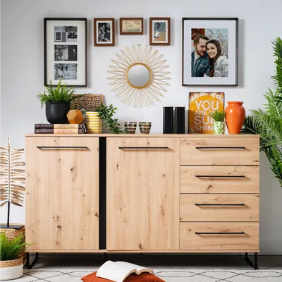 Produktbild von Homestyle4u Kommode Sideboard Schwarz Holz Schrank Wohnzimmerschrank Highboard Anrichte Flur