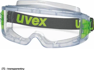 A close-up studio shot of a pair of clear safety goggles with a gray strap featuring a green logo.