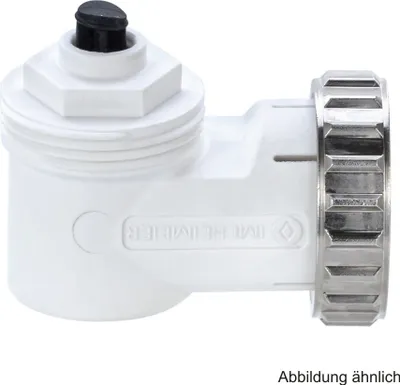 A close-up studio shot of a white plumbing fitting with a silver threaded nut.