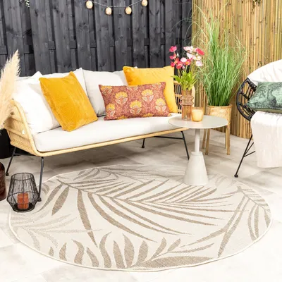 Produktbild von In- & Outdoor Jute Teppich Rund - Nomad Leaves Creme - Ø 200cm - Boho, Industrielle, Ländlich, Skandinavisch - Wohnzimmer, Esszimmer, Balkon, Garten / Terrasse -  FRAAI | Home & Living