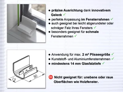 Produktbild von Klebeplatten mit Gelenk für Scheibe und Rahmen inkl. Spannschuh, weiß, 1x 4 Stück, Reinigungstuch, Montage von Plissees ohne Bohren am Fensterrahmen