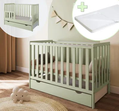 Produktbild von ZEE BAMBI Mint Babybett 120x60 cm 2in1 mit Matratze, Schublade & Schutzbarriere Klassisches Gitterbett 3-Fach Höhenverstellbar Kinderbett