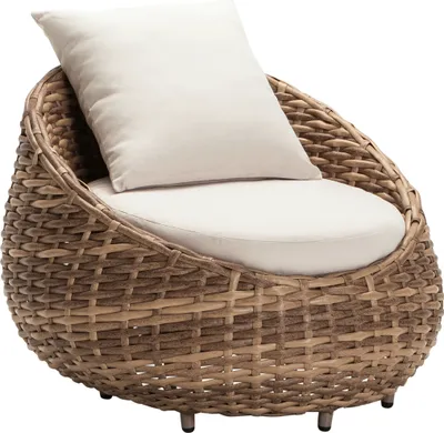 A wicker armchair with a cushion, isolated on a white background.