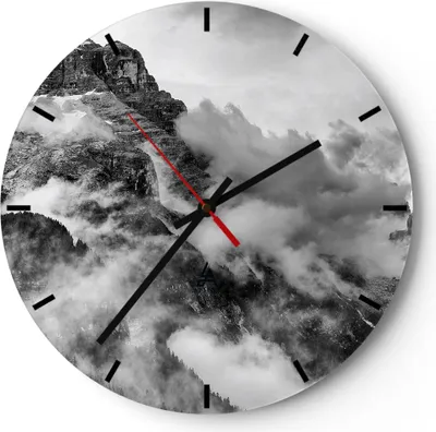 Produktbild von Wanduhr - Rund - Glasuhr - Berge Nebel Gipfel - 30x30cm - Schleichendes Uhrwerk - Lautlos - zum Aufhängen bereit - Dekoration Modern - Wanddekoration aus Glas - C3AR30x30-3664