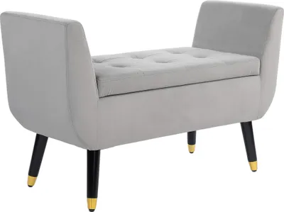 Produktbild von Graue Sitzbank mit Stauraum, Armlehnen und samtartigem Polyester, 107x42x65 cm, Kautschukholz Truhenbank