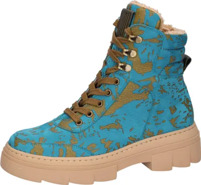 A single blue and gold patterned boot is shown against a white background.