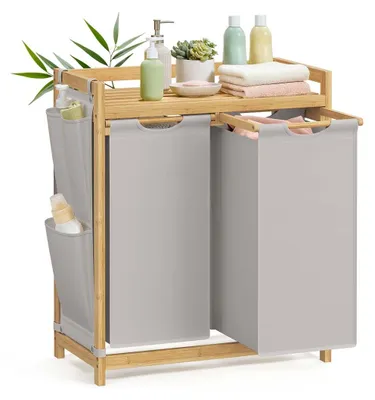Immagine prodotto di Cesto per la biancheria con 2 scomparti – Doppio sacco per la biancheria – Salvaspazio – 63 x 33 x 78 cm
