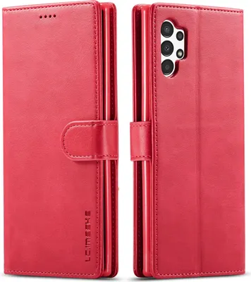A red leather flip case for a Samsung Galaxy A13 4G phone is shown from two angles.