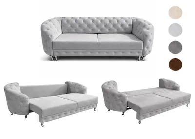 Produktbild von Chesterfield Schlafsofa MOLLY mit Bettkasten - 3-Sitzer Couch, Schlaffunktion, Samt Hellgrau, 290 cm