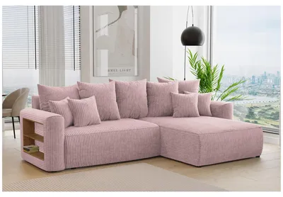 Produktbild von MEBLINI Schlafcouch mit Bettkasten - 260x160x78cm - Altrosa Cordstoff - NAPLES - Kleines Ecksofa mit Schlaffunktion - Sofa mit Relaxfunktion und Kissen - Kleine Couch L-Form - Eckcouch