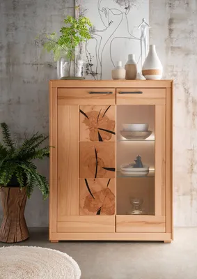 Produktbild von Highboard "WZ-0315" aus Kernbuche in natur geölt mit einer Tür und 2 Einlegeböden. Abmessungen (BxHxT) 103x135x40 cm
