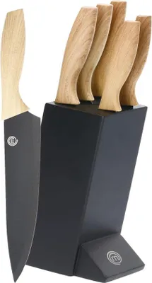 Produktbild von Famanu Küchenmesserset 5-teilig mit Holzblock - Brotmesser, Gemüsemesser, Kochmesser, Fleischmesser und Schälmesser aus rostfreiem Stahl