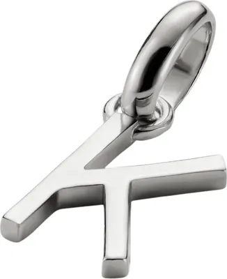A silver charm in the shape of the letter 'K' is shown against a white background.