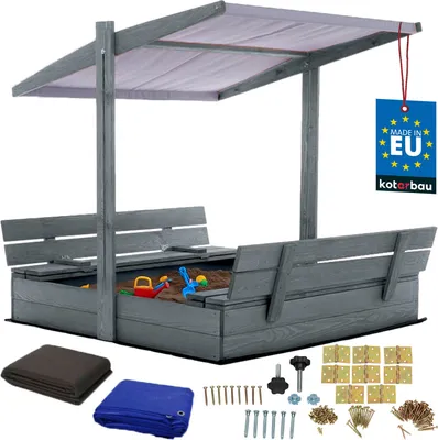 Produktbild von KOTARBAU® Sandkasten mit Abdeckung 120 x 120 cm Großer Grau Holzsandkasten mit Grau Dach Sandkasten mit Deckel Sandkasten mit Dach Gartenspielzeug Kinder imprägniert verschließbar mit Bänken