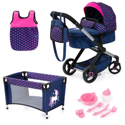 Produktbild von Bayer Design 17054AB Puppenwagen Xeo, verstellbarer Griff, Schwenkschieber, wandelbar als Jogger, Schlafsack, Puppenbett, Zubehör