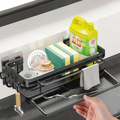 Produktbild von Keukenorganizer mit Abflussbehälter - Wandmontierte Spülmaschinenhalter mit Waschlappenhalter und Reinigungsmittelorganizer