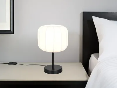 Produktbild von Ausgefallene LED Nachttischlampe Stoff Lampenschirm Weiß Schlafzimmer, Höhe 31cm