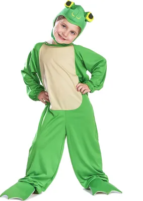 A child wearing a frog costume, posing against a white background.