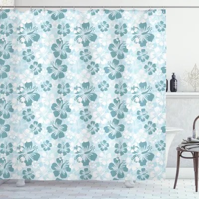 Image de ABAKUHAUS Rideau de douche Hawaii, silhouettes florales, composition florale printanière fanée, la nature s'épanouit, 175 x 180 cm, bleu pâle turquoise