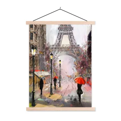 Produktbild von MuchoWow® Textilposter Gemälde - Paris - Eiffelturm - Regenschirm - Ölgemälde 60x80 cm mit holzfarbenen Rahmen - Wandbild